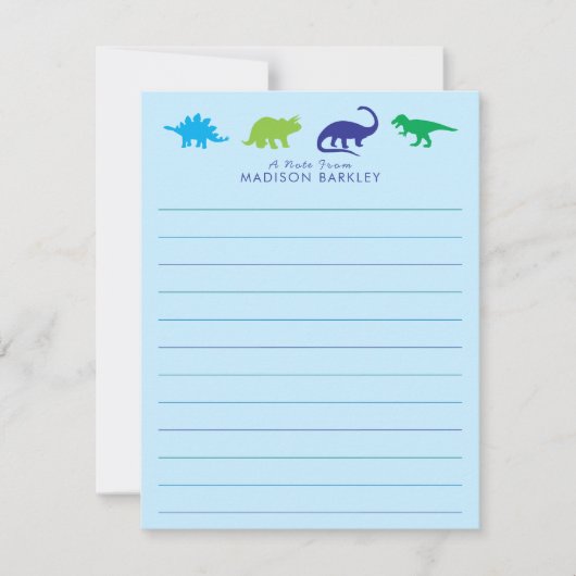 Blue Dinosaur Cute Kind Dino Flat Briefpapier Card Bedankkaart (Voorkant)
