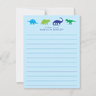 Blue Dinosaur Cute Kind Dino Flat Briefpapier Card Bedankkaart