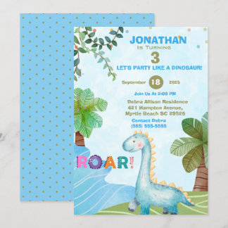 Blue Dinosaur Kinder T Rex Birthday Party Kaart