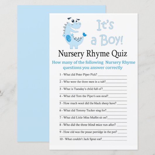 Blue Dinosaur Nursery Rhyme Quiz baby shower game (Voorkant / Achterkant)