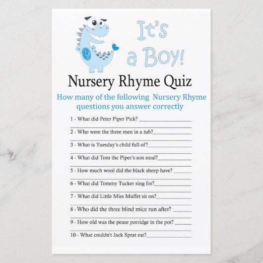 Blue Dinosaur Nursery Rhyme Quiz baby shower game (Voorkant)
