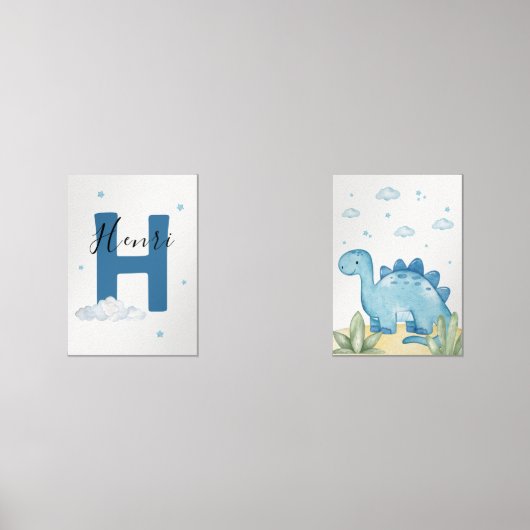 Blue Dinosaur Nursery Wall Art Set of 2 Print Set (Voorkant)