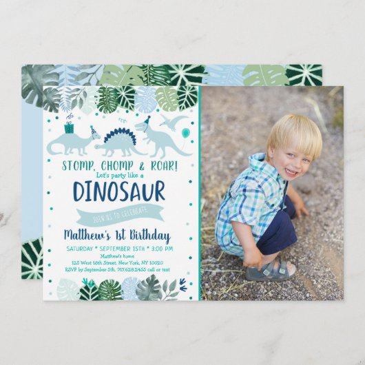 Blue Dinosaur Safari Birthday Kaart (Voorkant / Achterkant)