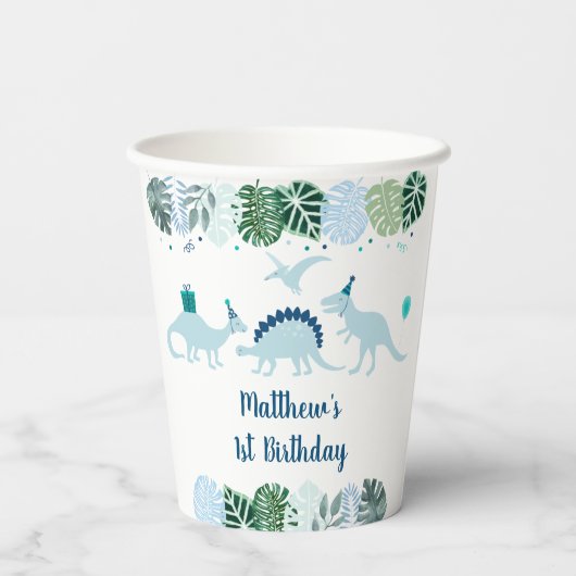 Blue Dinosaur Safari Birthday Papieren Bekers (Achterkant)