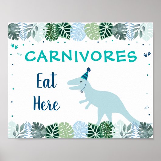Blue Dinosaur Safari Carnivores Birthday Food Sign Poster (Voorkant)