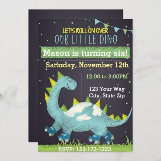 Blue Dinosaur Schaats Birthday Uitnodiging (Voorkant / Achterkant)