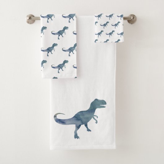 Blue Dinosaur Trex Badhanddoek Set Bad Handdoek (Insitu)
