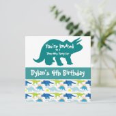 Blue Dinosaur Triceratops Birthday Invitation Kaart (Staand voorkant)