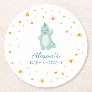 Blue Dinosaur Twinkle Star Baby shower Boy Party Ronde Kartonnen Onderzetter