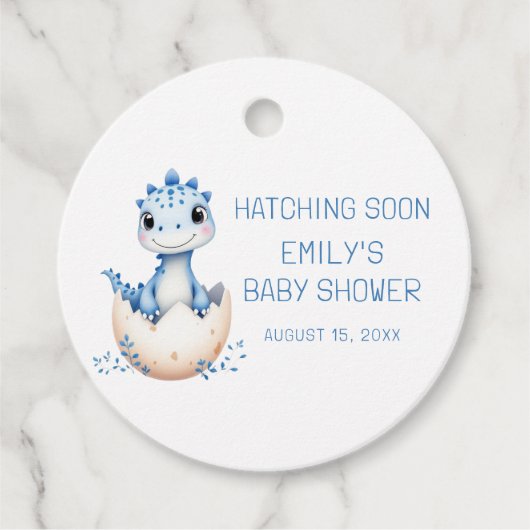 Blue Dinosaur Waterverf Hatching Soon Baby shower Bedankjes Labels (Voorkant)