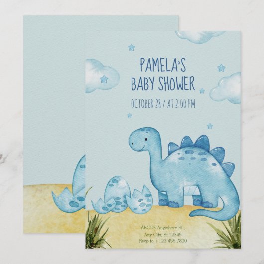 Blue Dinosaurus baby shower Invitation Kaart (Voorkant / Achterkant)