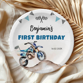 Blue Dirt Bike Fast One Boy Birthday Party Papieren Bordje
