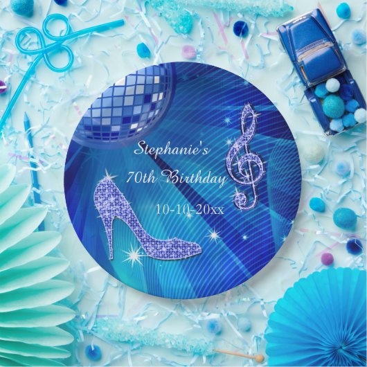 Blue Disco Ball and Heels 70th Birthday Papieren Bordje (Feest)
