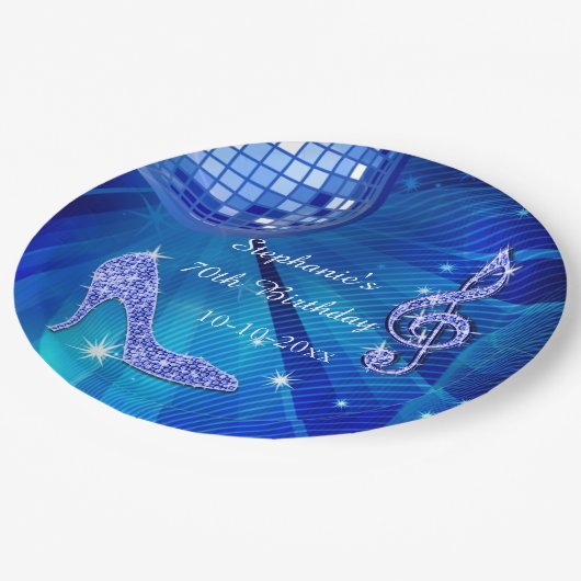 Blue Disco Ball and Heels 70th Birthday Papieren Bordje (Gekanteld)