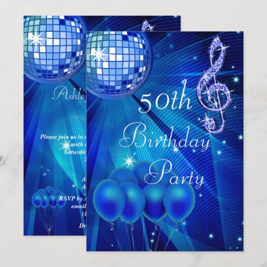 Blue Disco Ball en ballonnen 50th Birthday Kaart (Voorkant / Achterkant)