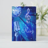Blue Disco Ball & Retro Microphone RSVP Kaartje (Staand voorkant)