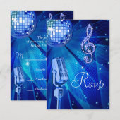 Blue Disco Ball & Retro Microphone RSVP Kaartje (Voorkant / Achterkant)