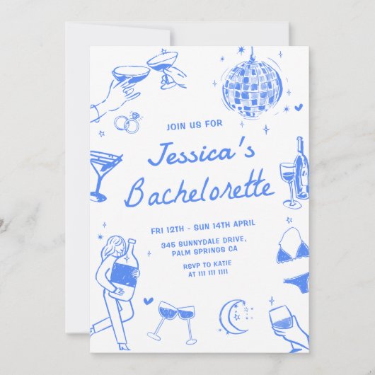 Blue Disco Cocktail Bachelorette Weekend Party Kaart (Voorkant)
