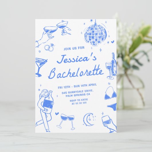 Blue Disco Cocktail Bachelorette Weekend Party Kaart (Staand voorkant)