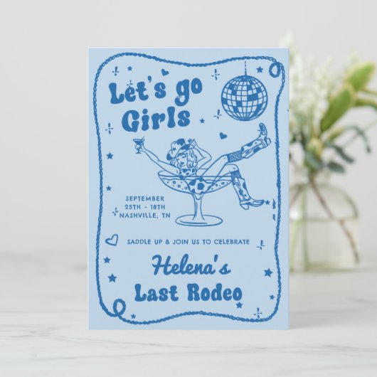 Blue Disco Rodeo Cowgirl Bachelorette Weekend Kaart (Staand voorkant)