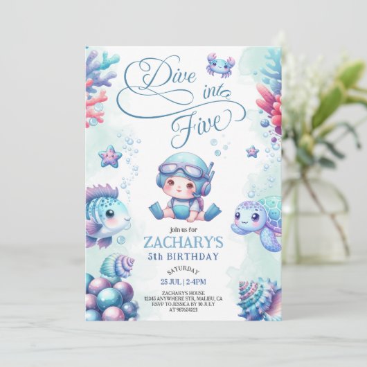 Blue Dive into Five Under the Sea 5th Birthday Kaart (Staand voorkant)