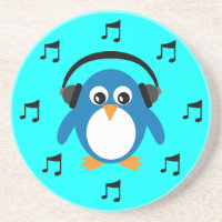 Blue DJ Penguin, headphones en muzikale notities