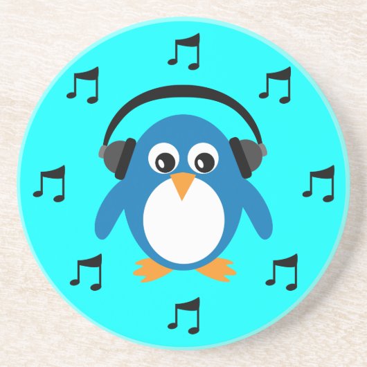 Blue DJ Penguin, headphones en muzikale notities Zandsteen Onderzetter (Voorkant)