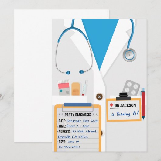 Blue Doctor Scrubs Birthday Party Invitation Kaart (Voorkant / Achterkant)