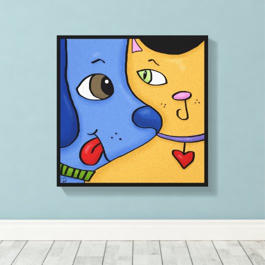 Blue Dog en Sinaasappel Cat-Togetherness Canvas Afdruk (Insitu (Houten vloer))