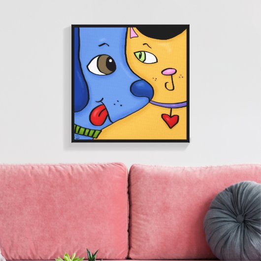 Blue Dog en Sinaasappel Cat-Togetherness Canvas Afdruk (Insitu (Woonkamer))