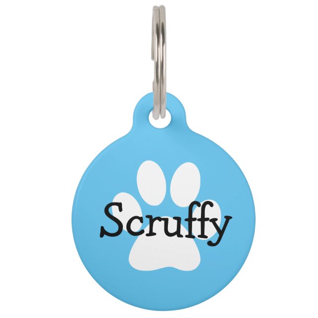 Blue Dog Name en Address Paw Print Dog Label Huisdierpenning (Voorkant)