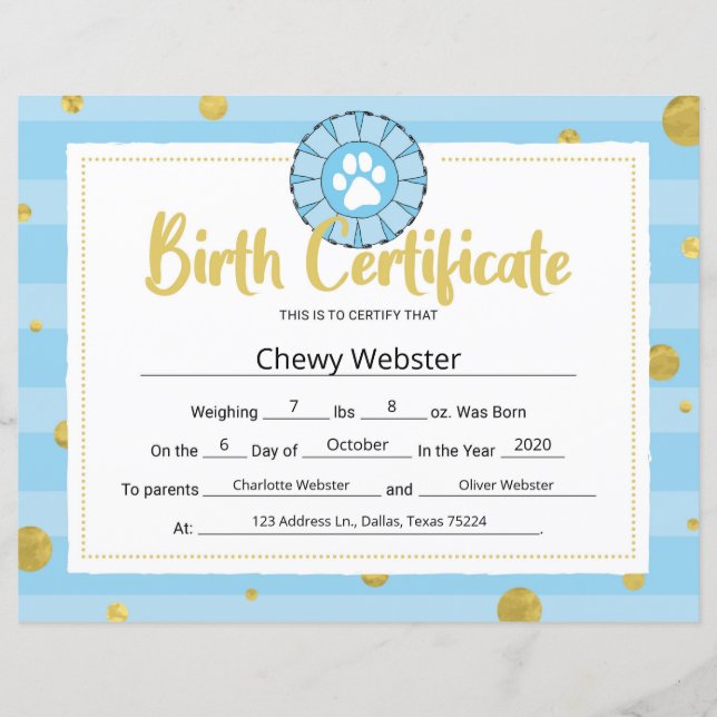 Blue Dog Paw Clip Art Puppy Birth Certificate (Voorkant)