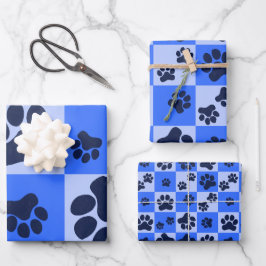 Blue Dog Paw Print Checkerboard Inpakpapier Vel