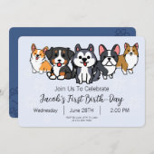 Blue - Dog Puppy Birthday Party Paw-ty Invitation Kaart (Voorkant / Achterkant)