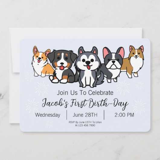 Blue - Dog Puppy Birthday Party Paw-ty Invitation Kaart (Voorkant)