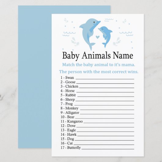 Blue Dolphin Baby Animals Name Game (Voorkant / Achterkant)