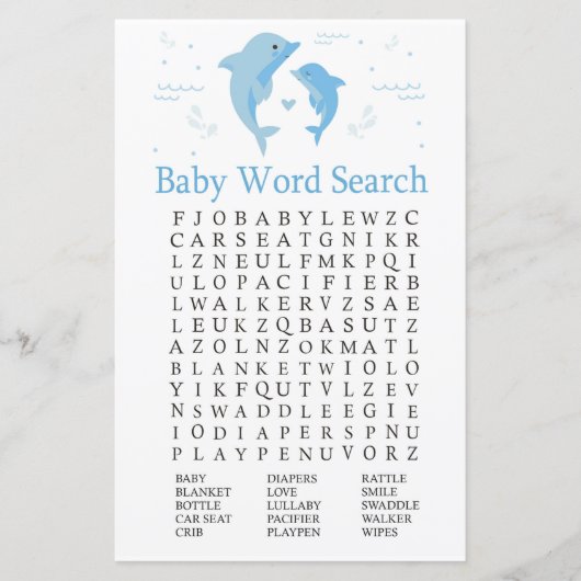 Blue Dolphin Baby shower Word Search Game (Voorkant)