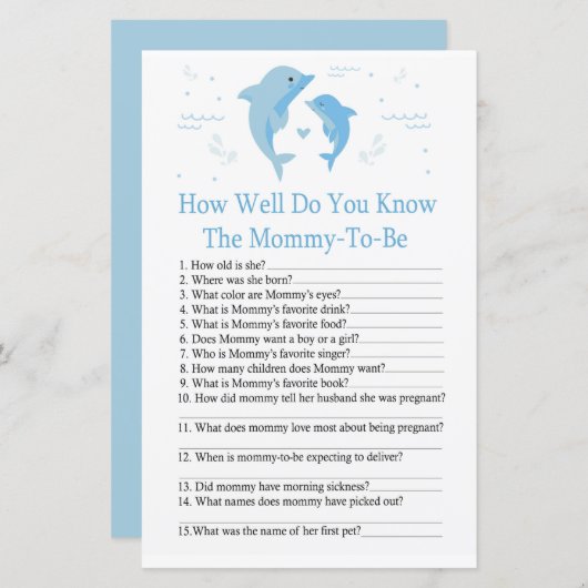 Blue Dolphin Hoe goed ken je het baby shower spel? (Voorkant / Achterkant)