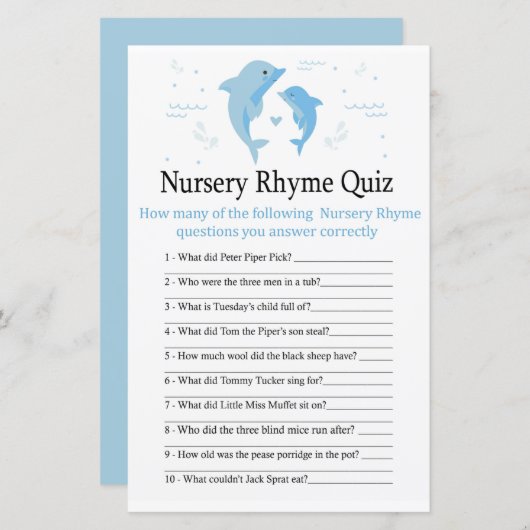 Blue Dolphin Nursery Rhyme Quiz baby shower game (Voorkant / Achterkant)