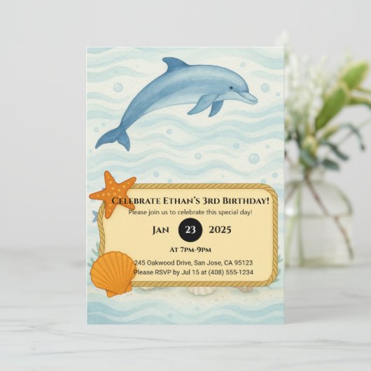 Blue Dolphin & Ocean Floor Terug Ontwerp Verjaarda Kaart (Staand voorkant)