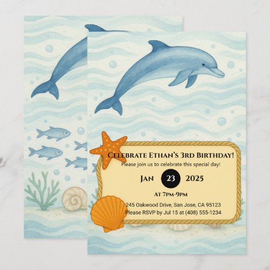 Blue Dolphin & Ocean Floor Terug Ontwerp Verjaarda Kaart (Voorkant / Achterkant)