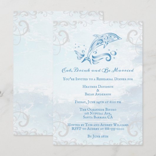 Blue Dolphin Wedding Rehearsal Dinner Invitation Kaart (Voorkant / Achterkant)