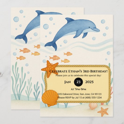 Blue Dolphin with Starfish & Rope Frame Birthday  Kaart (Voorkant / Achterkant)