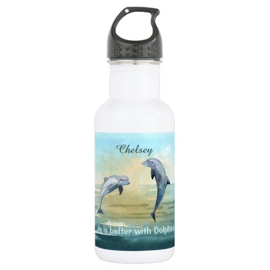 Blue Dolphins Jumping Sunny Water Waterverf Name Waterfles (Voorkant)