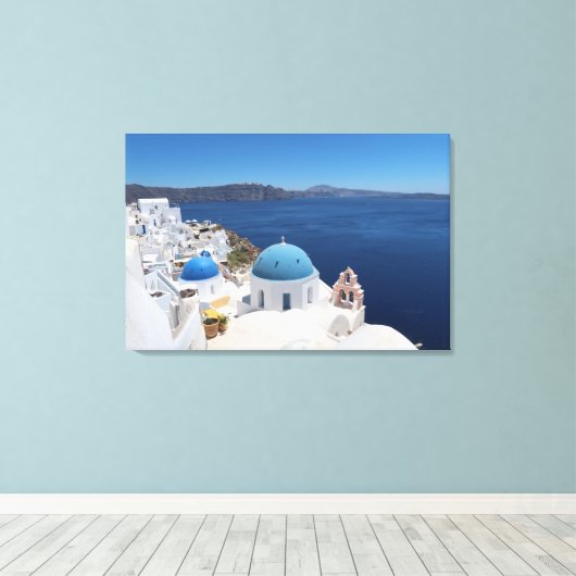 Blue Dome Church in Santorini, Griekenland Canvas Afdruk (Insitu (Houten vloer))