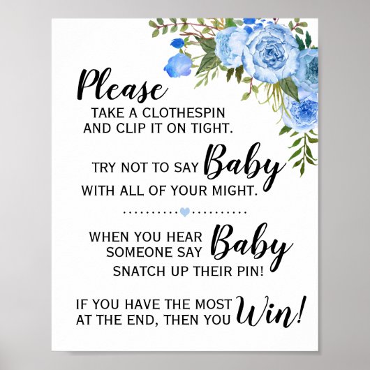 Blue Don't say baby game baby shower-teken Poster (Voorkant)