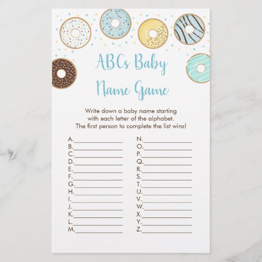 Blue Donut ABCs Baby shower Name Game (Voorkant)