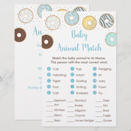 Blue Donut Baby shower Animal Match Game (Voorkant / Achterkant)