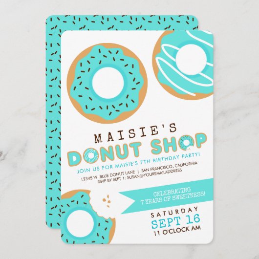 Blue Donut Shop Uitnodiging voor verjaardagsfeestj (Voorkant / Achterkant)