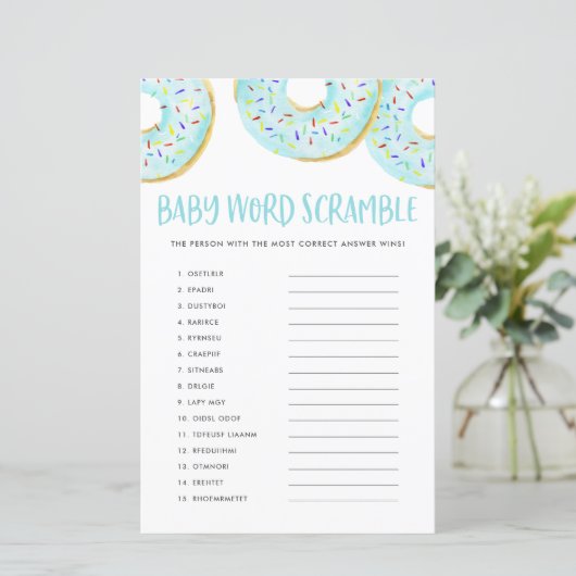 Blue Donuts Baby Word Scramble Baby shower Game (Staand voorkant)